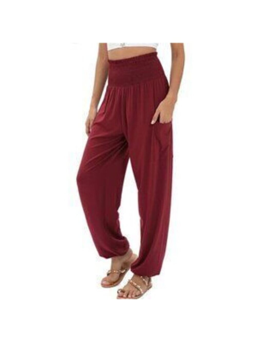 Women's Harem Pants, High Waist Yoga Boho Trousers with Pockets, Red Wine